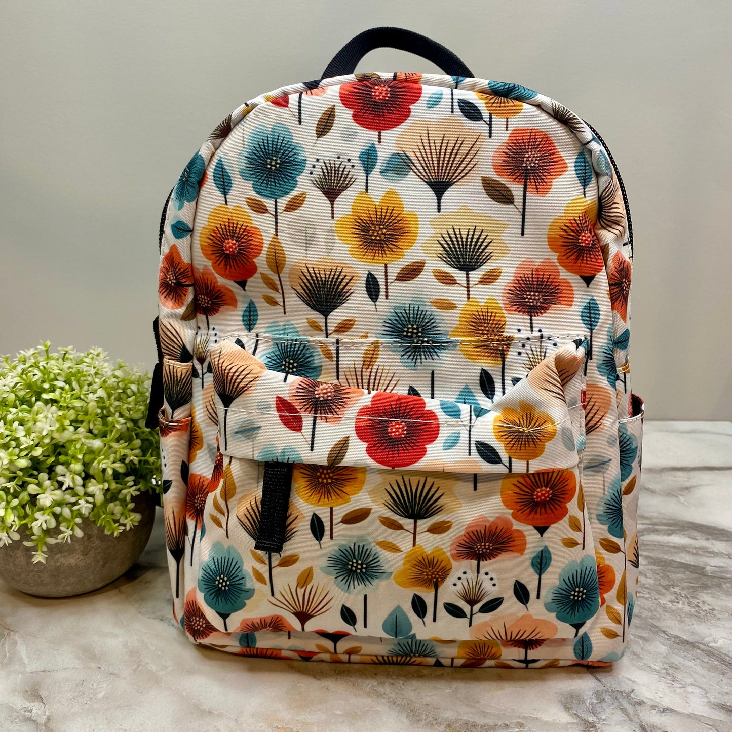 Mini Backpack - Floral Blooms Red Orange Blue