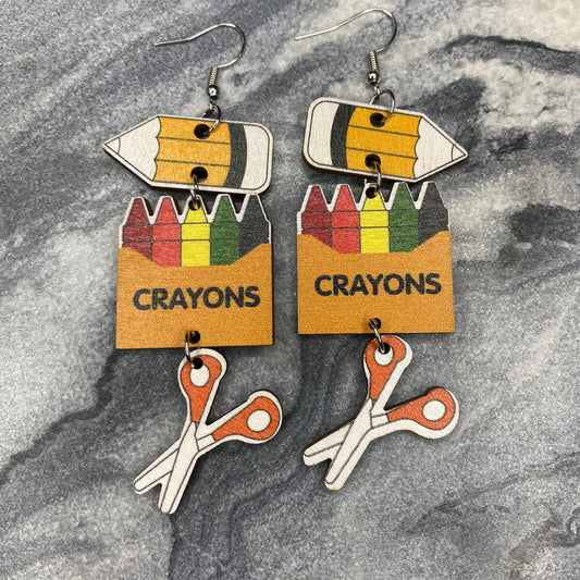 Wooden Cutout - Teacher Crayon Scissor Dangle Earrings